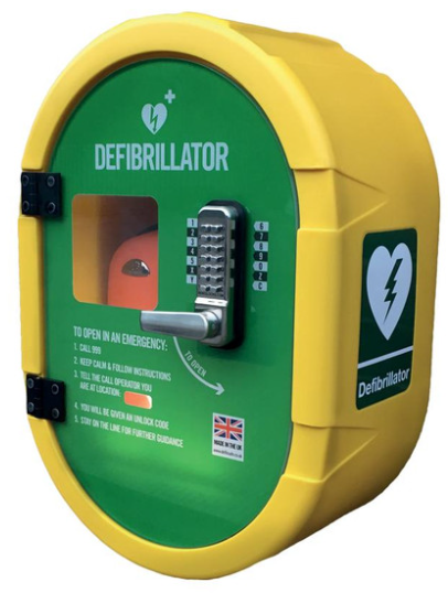 Cabinet storing a defibrillator