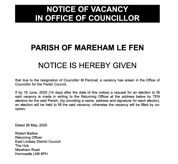 Call for an election to fill vacancy  announced